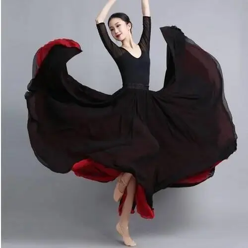 Falda baile gasa flamenca para mujer, faldas largas Color sólido 720 grados, ropa práctica bailarina, falda de estilo chino con - 1