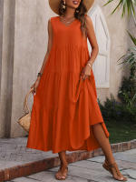 Vestido Boho sin Mangas de Verano 2024 Cuello en V, Color Sólido, Vestido de Flecos en Capas - details 7