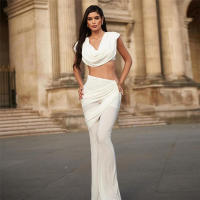 BUNO-Conjunto elegante de 2 piezas con pliegues de gato extraño para mujer, Tops cortos sexis sin mangas con cuello bajo + Pantalones rectos con borlas de cintura Irregular, traje liso - details 8