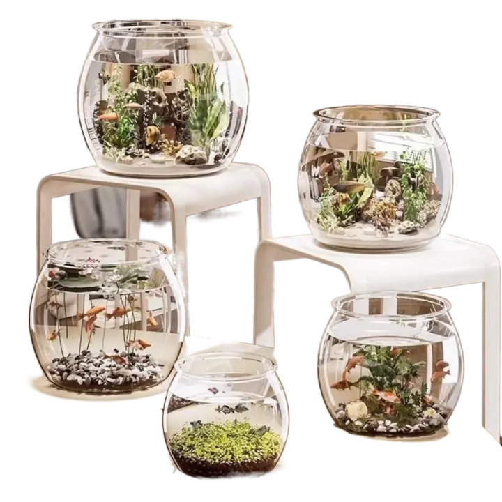 Pecera redonda Ultra transparente, pecera dorada, pecera de escritorio para el hogar, inastillable, vista de 360 ​​grados, acuario pequeño de escritorio - 1