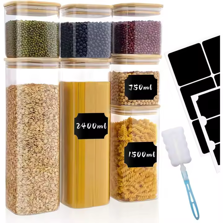 Withosent Juego de 7 tarros de cristal con tapa de madera, 750 ml/ 1500 ml/ 2400 ml, tarros de vidrio para almacenamiento de cocina, tarros grandes de cristal, frascos de vidrio para cereales, espaguetis, pasta - 1