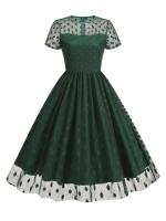 Elegante Vestido Largo con Cinturón de Polka Dot Vintage Manga Corta, Cuello Redondo, Faldas Plisadas para Mujeres en la Moda Retro para Fiestas Nocturnas - details 0