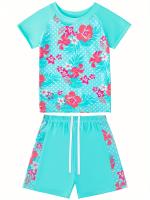 Conjunto De Baño De Dos Piezas Para Niñas Con Estampado De Flores, Top De Manga Corta Y Pantalones Cortos Deportivos Para La Playa O La Piscina - details 7