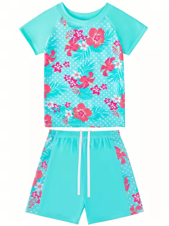 Conjunto De Baño De Dos Piezas Para Niñas Con Estampado De Flores, Top De Manga Corta Y Pantalones Cortos Deportivos Para La Playa O La Piscina - 1