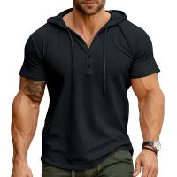 Hombres Deportes Fitness Casual al aire libre de manga corta camiseta con capucha Top Henley Shirt. - details 43