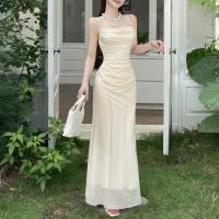Vestido de malla con cuello halter y tirantes para mujer, verano puro deseo viento, temperamento simple, vestido CF25142GNG - details 11
