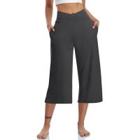 2024 primavera y verano mujeres elástico cintura alta 3/4 pantalón sólido Casual ajuste activo pantalones de pierna Capris anchos pantalones con bolsillos - details 6