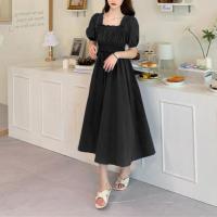 Vestido de verano para mujer, fruncido plisado, cuello cuadrado, manga corta, manga de burbuja, vestido de mujer de Color sólido, vestido Midi con dobladillo suelto - details 10