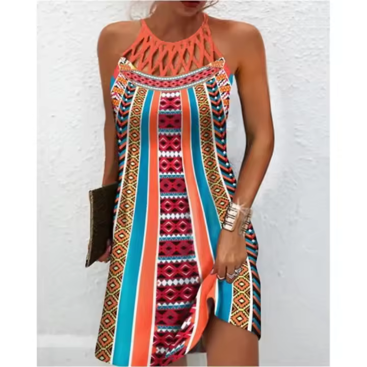 Vestido estampado sin mangas con cuello redondo y abertura de verano - 1