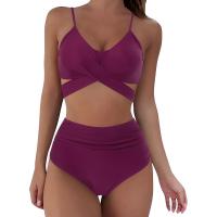Traje de baño dividido de cintura alta para mujer, bikini multicolor con estampado de cuello halter cruzado - details 13