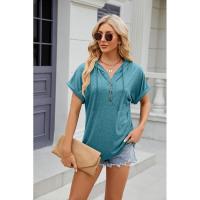 BUNO-2025 Camiseta de manga corta para mujer, Tops con capucha, botones sólidos, cordones, Verano - details 18