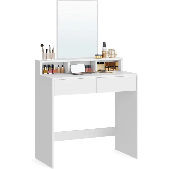 Mesa de Maquillaje con Espejo Grande, Gabinete con 2 Cajones y 3 Compartimentos, Estilo Moderno, Blanco - 1