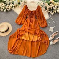 Nuevo modelo de vestido maxi elegante con cuello cuadrado para mujer, gasa lisa con mangas abullonadas, bata de fiesta en la playa, vestidos con volantes vintage - details 23