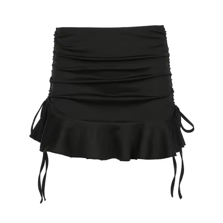 BUNO-minifalda con volantes de cintura baja para mujer, faldas cortas sexys Y2K con cordón ajustado negro, trajes informales de moda para verano - 1