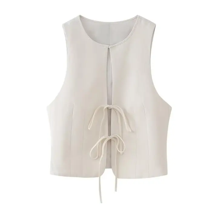 BUNO-Tops sin mangas con pajarita para mujer, chaleco ajustado con cuello redondo, ropa de calle a la moda, camisetas blancas para mujer 2025 - 1