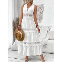 Vestido largo sexy hasta el tobillo blanco de cintura alta sin mangas con cuello en V de encaje para mujer - details 0