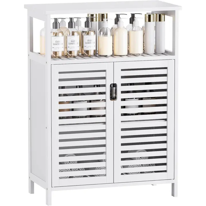 Mueble de Baño con Puertas, Organizador de Almacenamiento Lateral Independiente de Bambú, Armario de Cocina Pequeño Que Ahorra Espacio, Estantes Abiertos de 4 Niveles, Blanco - 1