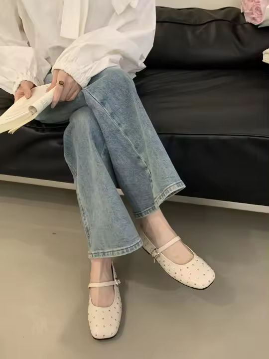 Xiaoxiangfeng remache Mary Jane zapatos nueva cabeza cuadrada boca poco profunda solo zapatos de fondo plano cinturón de una palabra zapatos pequeños de cuero - 1