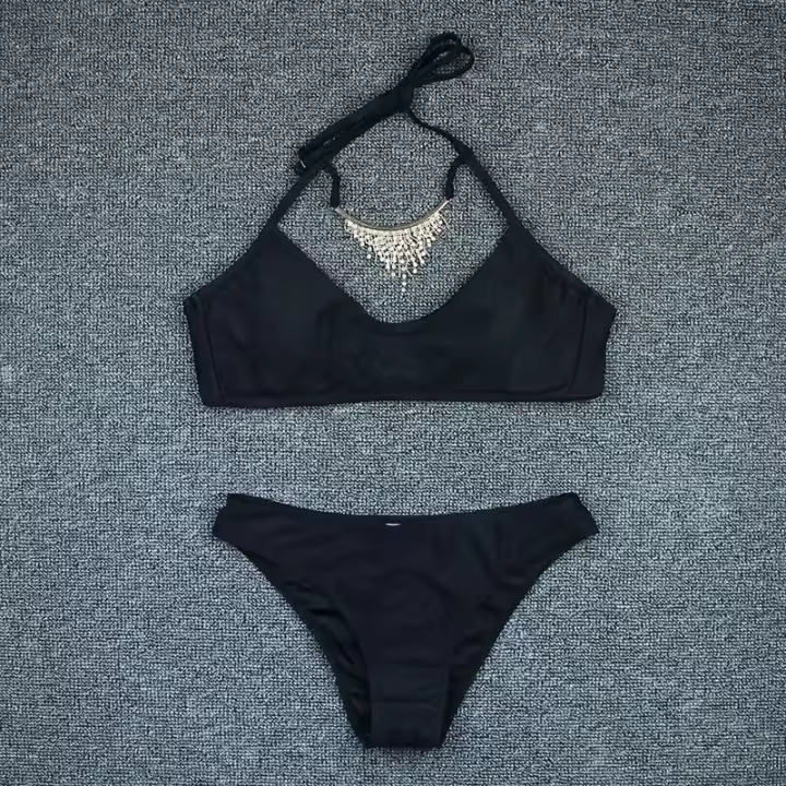 Bekini de Venta combinado con encaje, albornoz negro liso, conjunto de dos piezas, bikini de fiesta XL para mujer - 1