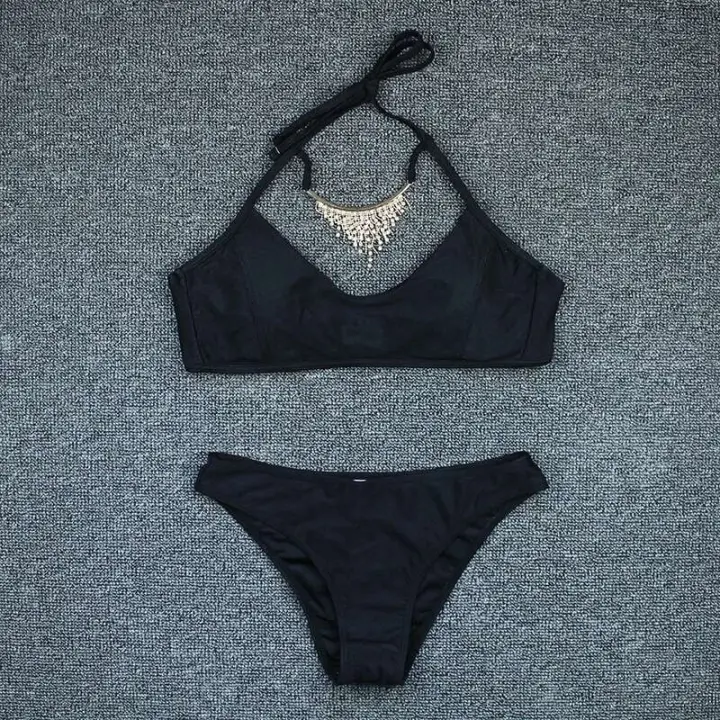 Bekini de Venta combinado con encaje, albornoz negro liso, conjunto de dos piezas, bikini de fiesta XL para mujer - 1