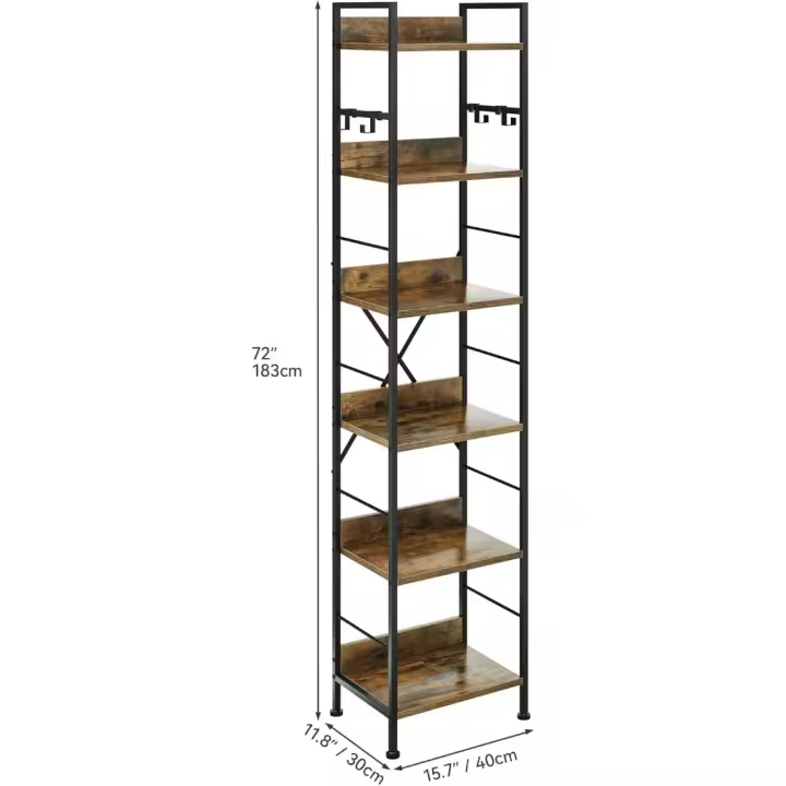 Librería de 6 Niveles Estantería de Piso con 4 Ganchos Estante de Madera y Marco de Metal - 1