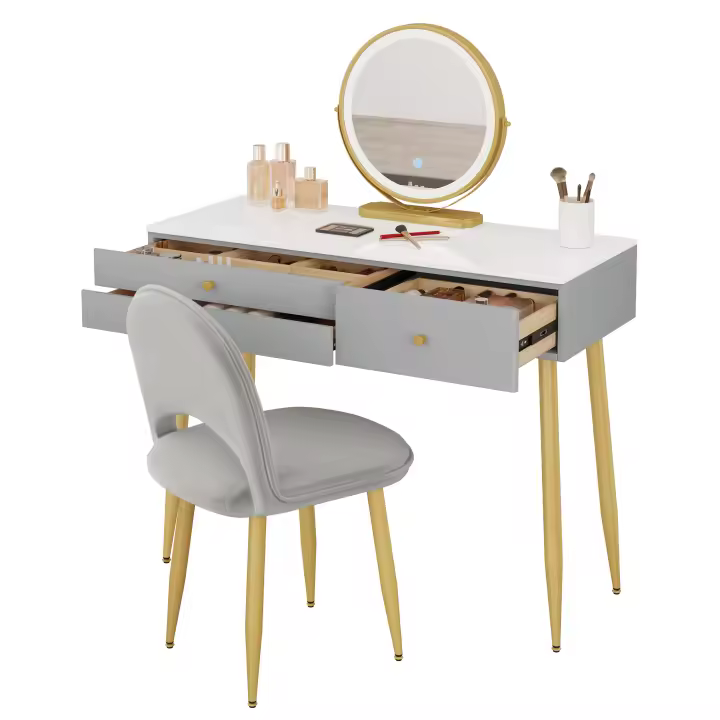 Tocador con luz ajustable con espejo, 3 cajones, con taburete de terciopelo Grado+Oro - 1