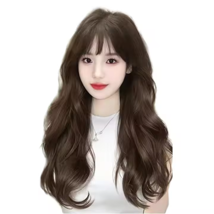 Peluca sintética de estilo coreano con flequillo, postizos con clip, peluca larga ondulada y rizada, cabello falso invisible, cosplay, pelucas de lolita para mujer - 1
