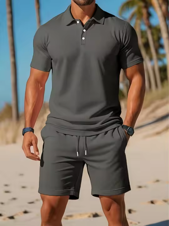 Traje casual de verano para hombre: polo ligero de manga corta para golf y pantalones cortos con cordón de color sólido con bolsillos - 1