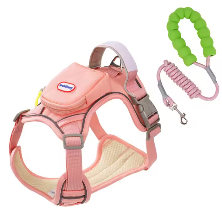 Arnés reflectante para perro, chaleco ajustable, correa de pecho para perro antidesprendimiento, transpirable con mochila, conjunto de arnés y correa para perro al aire libre - 1