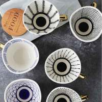 Pellizco de mano taza de cerámica de boca ancha irregular taza de café con mango dorado geométrico taza de avena de gran capacidad taza de agua para parejas - details 2