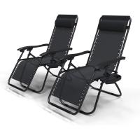 Set de 2 Sillas de Jardín Plegables Silla de Gravedad Cero Reclinable con Soporte para Bebidas y Reposacabezas Extraíble Carga Máxima 120kg Negro - details 0