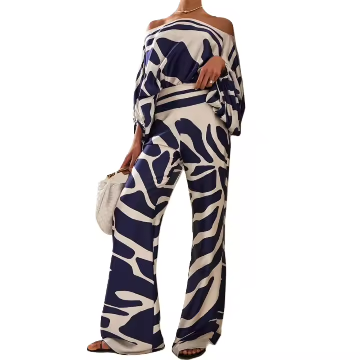 Conjunto de dos piezas para mujer, top y pantalón estampados, azul marino, blanco, mangas murciélago, pantalón de pernera ancha entallado, conjunto de moda a rayas - 1