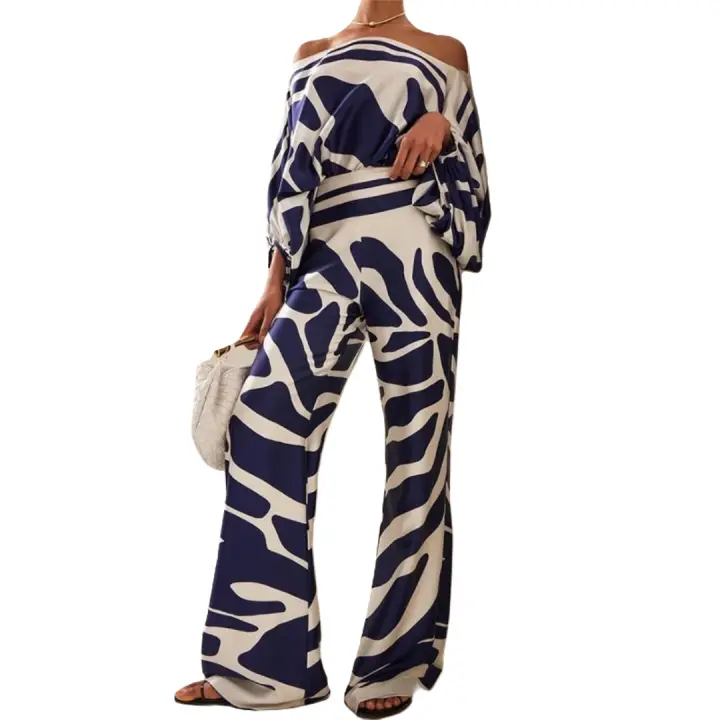 Conjunto de dos piezas para mujer, top y pantalón estampados, azul marino, blanco, mangas murciélago, pantalón de pernera ancha entallado, conjunto de moda a rayas - 1