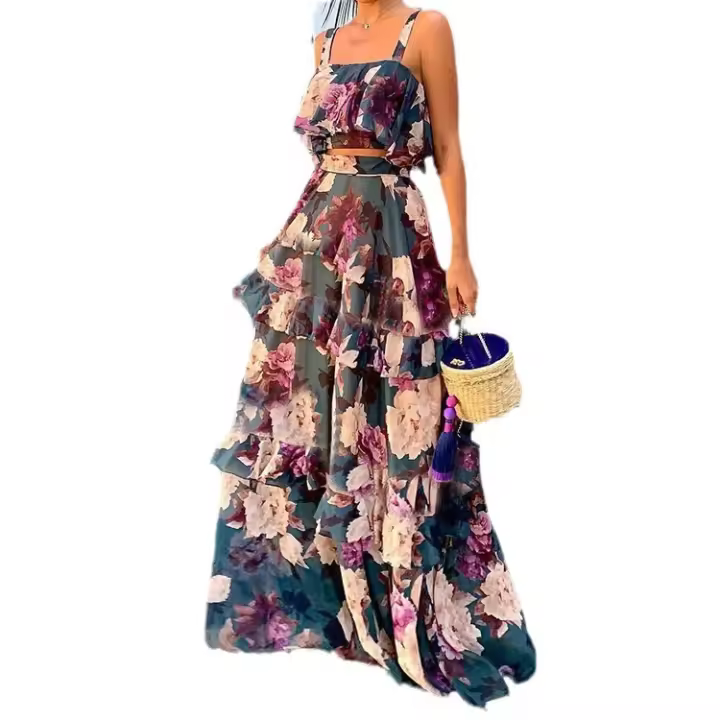 Conjunto de 2 piezas para mujer, Top con tirantes finos y estampado Floral, falda larga con volantes, informal, Verano - 1