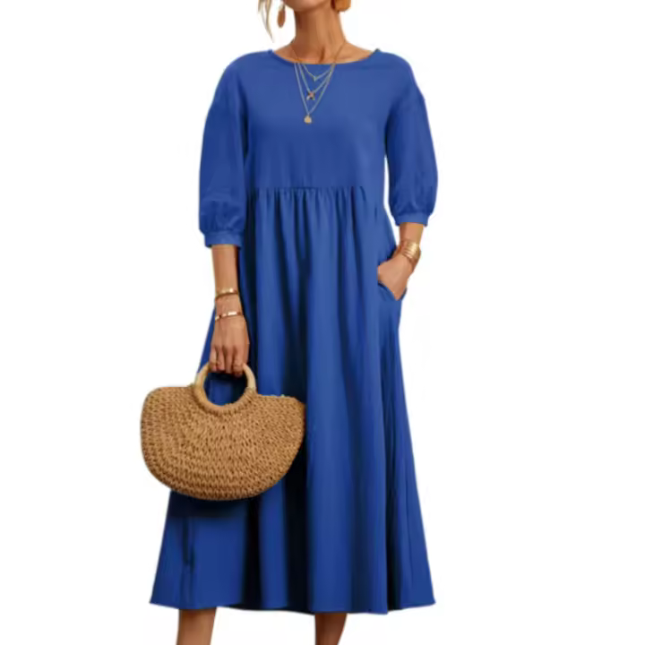 Vestido de moda para mujer, color sólido linterna, manga suelta, algodón y cáñamo, de bolsillo. - 1