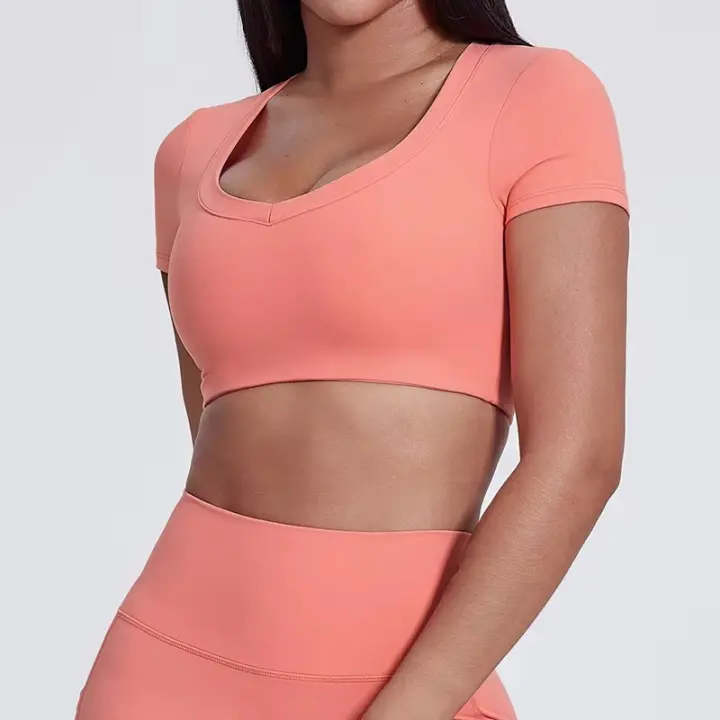 SHINBENE-Top de manga corta con doble forro para mujer, camisetas ajustadas con cuello en V, Camisetas básicas bonitas de verano - 1