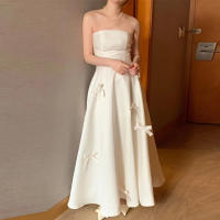 Vestido de novia ligero francés con satén de sensación simple y lujosa, compromiso sin tirantes, emisión de certificado, ceremonia de banquete, - details 4