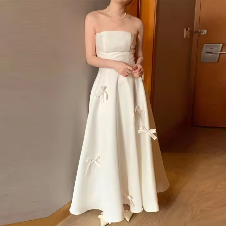 Vestido de novia ligero francés con satén de sensación simple y lujosa, compromiso sin tirantes, emisión de certificado, ceremonia de banquete, - 1