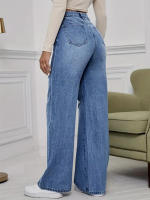 Pantalones rectos de pierna ancha, superventas, hasta la cintura, hasta el suelo, vaqueros rasgados para mujer, azul claro - details 4