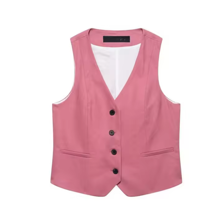 OUWU- 2025 Conjunto De Traje Rosa Para Mujer, Chaleco Con Botones Sin Mangas Y Pantalones Cortos Plisados, Elegante Y Versátil Para Ropa De Verano - 1