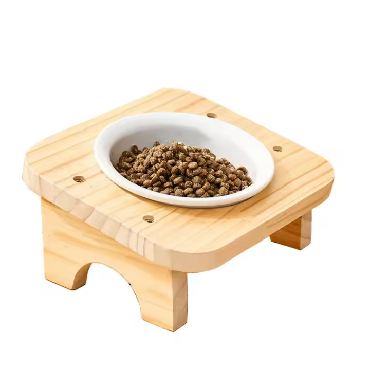Cuenco de cerámica para gatos con soporte de madera, protege la columna Cervical, alimentador elevado desmontable para mascotas, 1/2/3 cuencos antideslizantes - 1