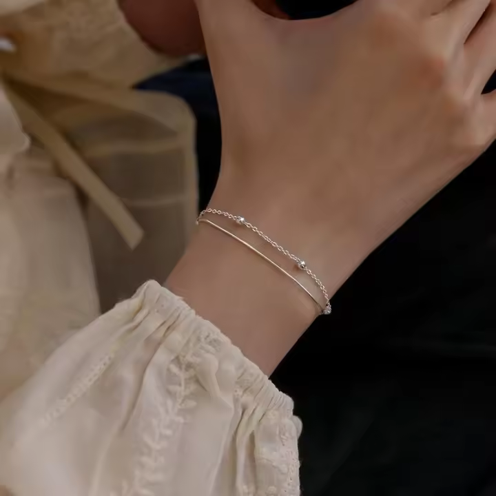 S Pulsera de cuentas redondas de doble capa con cadena de hueso de serpiente de plata pura para mujer, diseño de nicho, estilo simple y minimalista, estudiante - 1