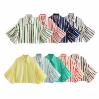 OUWU- Camisa Holgada A Rayas Con Manga De Burbuja Para Mujer, Gran Oferta De Temporada, Nuevo Estilo, Informal, Cuello Tipo Polo, Manga Corta, Top De Moda - details 1