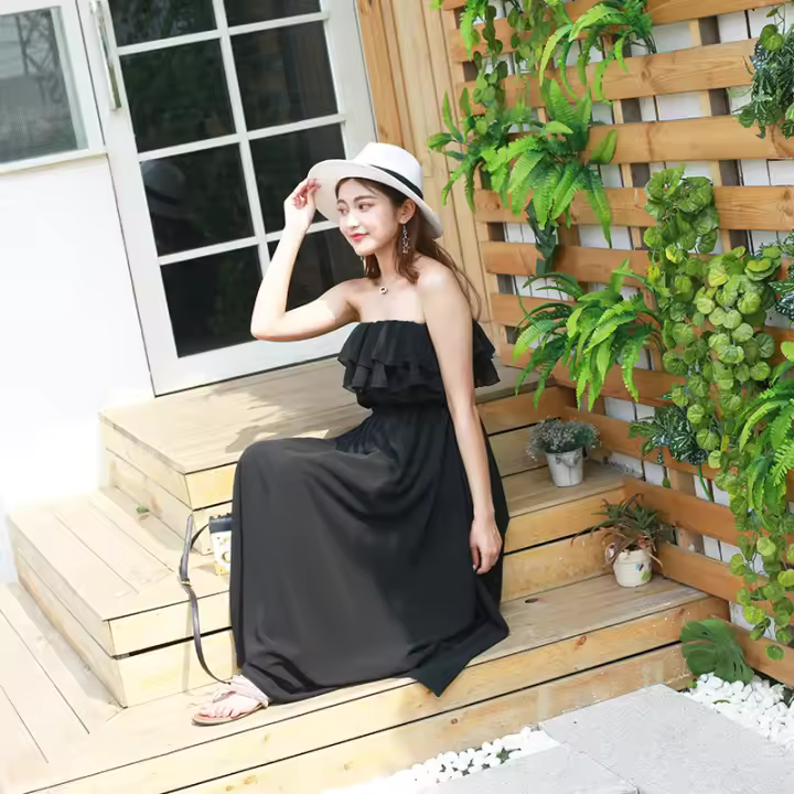 Vestido de Gasa Blanca de Verano Manga de Princesa de Cintura Alta y Delgada - 1