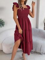 Escote cuadrado de verano con mangas anchas y pliegues, vestido informal de algodón transpirable para playa o uso diario, estilo bohemio - details 28