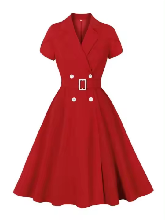 Elegante largo con puños de pétalos, escote invertido, botones dobles, cinturón retro para mujer, traje de té de verano - 1