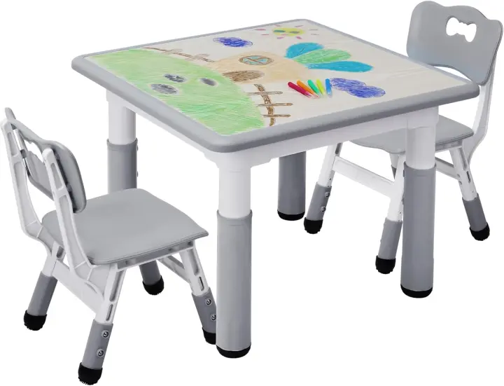Grupo de Mesa Infantil en Altura Ajustable, Muebles de plástico para niños, Grupo de Asientos para niños y niñas a Partir de 2 años, (Amarillo, Mesa Cuadrada) - 1