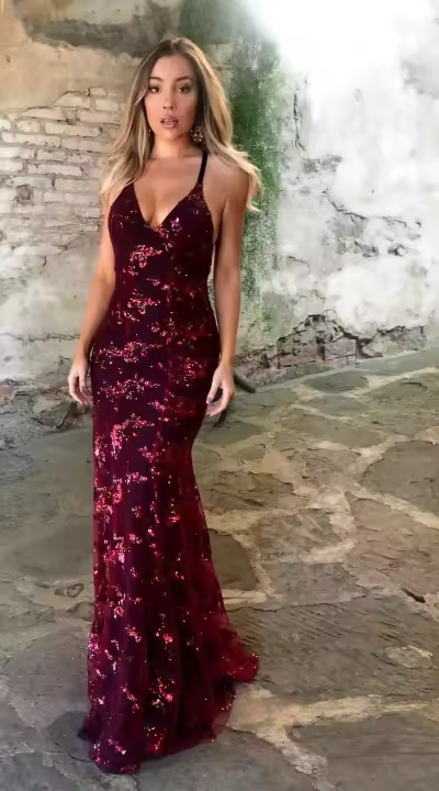 Vestidos de noche con escote halter, escote en V y espalda descubierta, encaje de lentejuelas - 1