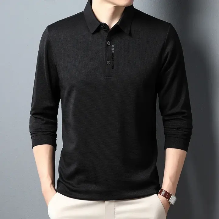Camisa POLO de manga larga tipo gofre para hombre con solapa estampada con letras Top informal - 1
