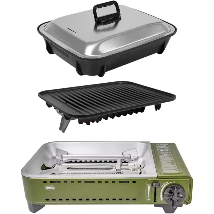 Cocina Portátil de Gas para Acampar Kit de Parrilla de Aluminio Fundido + Plancha con Tapa - 1
